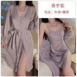 Ruo Ruo Satin Surface with Chest Cushion Sexy High Split Pleated Waist Shrinking Pure Desire Sleeping Dress Outer Robe Home Set 3156