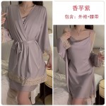 Ruo Ruo Satin Sexy Open Back Swinging Collar Light Luxury Simple Comfortable Suspended Sleeping Dress Outer Robe Women's Home Set 1477