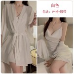 Guiruosi Smooth Satin Face Simple Slim Fit Stacked Collar Open Back Temptation Sling Sleeping Dress Outer Robe Home Suit Set 1571