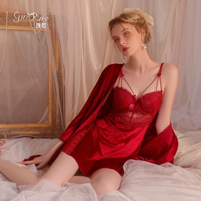 Guiruo Chest Cushion Steel Ring Gathering Velvet Sleepwear Solid Velvet Outer Robe Female Lace Perspective Home Fur Set 2814