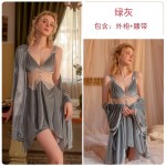 Guiruo Lace Perspective Temptation Solid Color Velvet Suspender Sleeping Dress Outer Robe with Chest Cushion Gather Home Fur Set 2815