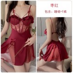 Guiruo Satin Lace and Chest Cushion Steel Ring Gathered and Collated, See-through Seduction Sleeping Dress, Outer Robe, Home Suit Set 2072