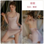 Guiruo Summer New Nightwear Hanging Neck Ice Silk Comfortable Sling Sleeping Dress Mesh Outer Robe Women's Home Furnishing Set 3429