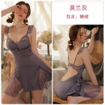 Guiruo Sexy Deep V Hollow Chest Cushion Lace Perspective Sweet Temptation Sleeping Dress Lace Up Outer Robe Home Set J3179