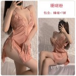 Guiruo Sexy Deep V Lace Satin Nightwear Split Seduction Sling Sleepwear Lace up Outer Robe Home Suit Set 272