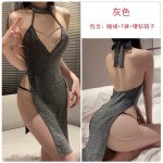 Guiruo Pure Desire Deep V Neck Hanging Bright Sparkling Fine Chain Charming Hollow Back Fun Nightclub Nightwear Uniform Set 2577