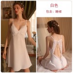 Guiruo Sexy Deep V Pure Lust Lace Ribbon Chest Cushion Casual Comfortable Sling Sleeping Dress Solid Color Home Suit Set 2621