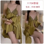 Ruo Ruo Spring/Summer Sexy Backless Temptation Ice Silk Pajamas Solid Color Mesh Perspective Sling Dress Home Suit Set 2661