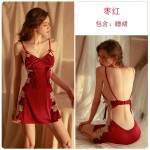 Guiruo Sexy Deep V Hollow out Temptation Lace Lace Lace Nightwear Open Back Pleated Suspended Dress Home Suit Set 1607