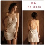 Guiruo Brand Pajamas New Sexy Deep V Spliced Lace Hanging Pajama Dress Lace up Outer Robe Home Suit Set 780