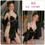 Guiruo Satin 3D Bow Chest Cup with Chest Pads Perspective Mesh Suspender Sleeping Dress Outer Robe Home Set 3425