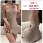 Guiruo Brand's Sexy and Spicy Hollow out Slim Water Diamond Hanging Neck Wrap Hip Sling Sleeping Dress Women's Home Furnishing Set 3108