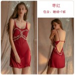 Guiruo New Style Pajamas Women's Satin Lace Open Back Seduction Chest Cushion Suspender Sleeping Dress Home Suit Set Issued on behalf of 1187