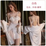 Ruo Ruo Sexy Temptation Lace Deep V with Chest Cushion Steel Ring Gathering Sleeping Skirt Comfortable Outer Robe Home Suit Set 2072