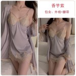 Guiruo Satin Lace Perspective Hollow Out with Chest Cushion Deep V Sexy Backless Nightgown Outrobe Home Suit Set 1048