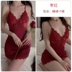 Guiruo Sexy Satin Lace Deep V with Chest Pads Cross Back Suspended Sleeping Dress Outer Robe Home Suit Set 1170