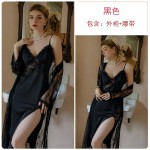 Guiruo Sexy High Split Ice Silk Pajamas with Chest Pads Gathered Lace Perspective Outer Robe Home Suit Set Q3255