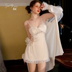 Ruo Ruo Sexy Satin Lace Open Back Strap Attractive with Chest Pads and Lace embellishments Same Color Robe Set P2808