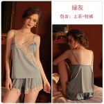 Guiruo Brand Sexy Hot Deep V Satin Lace Suspender Shorts Lace up Outer Robe Nightgown Home Suit Set 992