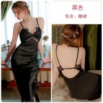 Guiruo Brand Sexy Deep V Lace Chest Cushion Hollow Solid Satin Women's Home Slim Sleeping Dress Set J3122