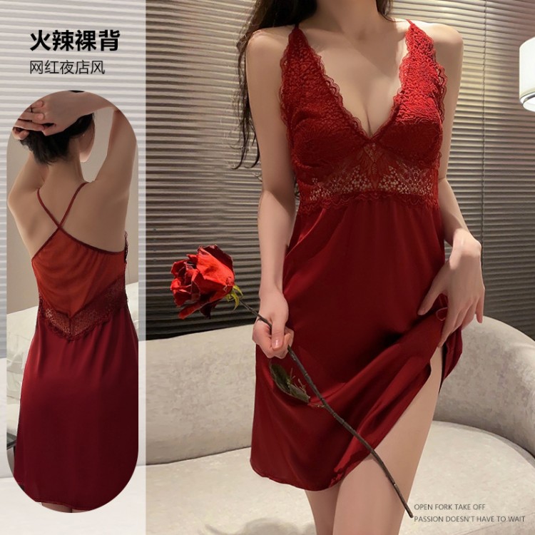 Guiruo New Sexy Pajamas Women's Ice Silk Backless Lace Perspective Suspended Sleepwear Women's Home Furnishing Set 19389