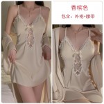 Guiruo Satin Lace Deep V with Chest Pads Perspective Attractive Slim Fit Sleeping Skirt Outer Robe Home Suit Set 3616