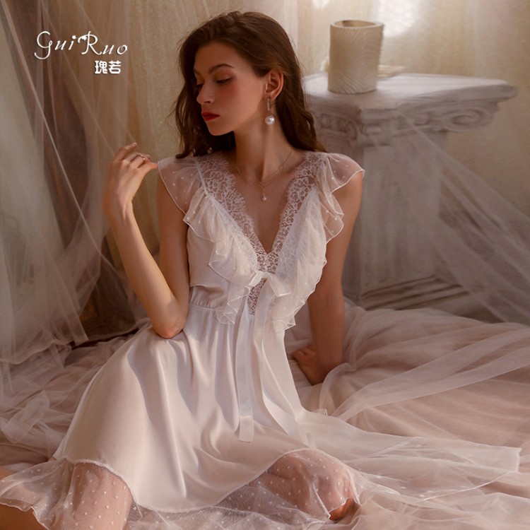 Guiruo Brand Sexy Sleeping Dress Open Back Women's Suspended Dress Sweet Lace Comfortable and Breathable Women's Home Furnishing Set 2535