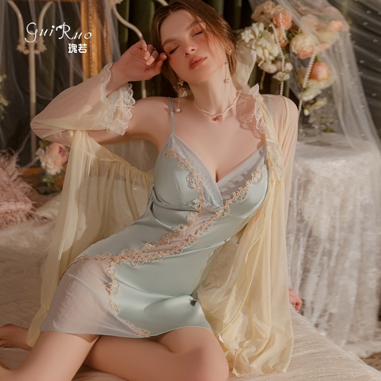 Guiruo Sexy Strap Ice Silk Pajamas French Lace Backless and Chest Cushion Suspended Sleeping Dress Outer Robe Home Suit 3340