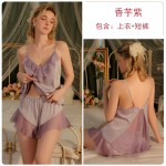 Guiruo Sweet Silk Smooth Satin Face Combination Deep V Temptation Sling Top Shorts Two Piece Women's Home Set 3566