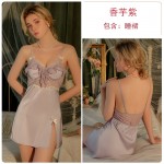 Guiruosi Smooth Satin Sexy Split with Chest Cushion Steel Ring Gathering Perspective Lace Sleeping Dress Outer Robe Home Suit 3452