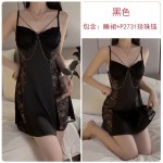 Guiruo Sexy Nightwear Lace Mesh and Chest Pads Gathered Open Back Suspended Nightwear Robe Home Set C3461