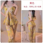 Guiruo Autumn and Winter New Satin Lace and Chest Cushion Slim Fit Suspender Top Long Pants Lace up Outer Robe Home Suit Set