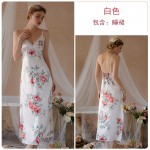 Guiruo Ice Silk Print Sexy Deep V Lace Splice Pure Desire High slit Long Home Sling Dress Set 19231