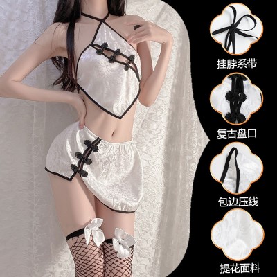 Guiruo Fun Underwear Sexy Jacquard Hot Hollow Temptation Hanging Neck Cheongsam Three Point Bed Uniform Set 1603