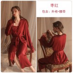 Guiruo Sexy Pajamas Women's Autumn and Winter Charm Temptation Satin Casual Comfortable Lace up Long Outrobe Set 19960