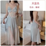 Guiruo Sexy Deep V Butterfly Chest Cup with Cushion Sweet Lace Translucent Satin Nightgown Outer Robe Home Suit W2785