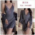 Guiruo Sexy Nightwear Ice Silk Splice Lace Suspender Nightwear Simple Lace Women's Outer Robe Home Suit Set 1906