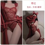 Ruo Ruo Pure Desire Wind Perspective Mesh Open Crotch No Drop Sexy Open Back One Piece Silk Smooth Satin Outer Robe Set 3649