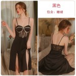 Guiruo Sexy Spicy Split V-neck Perspective Lace Chest Pad Satin Nightwear Outerrobe Women's Home Furnishing Set J3433