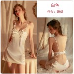 Guiruo Sexy Deep V Hollow out Temptation Lace Lace Lace Nightwear Open Back Pleated Suspended Dress Home Suit Set 1607