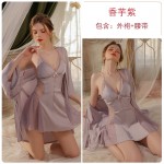 Guiruo Sexy Satin Patchwork with Transparent Lace Chest Pads Cross Back Seduction Sleeping Skirt Outer Robe Home Set 3337