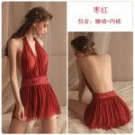 Guiruo Fun Underwear Solid Color Comfortable Sleepwear Large Hanging Pajama Dress Women's Mesh Open Back Home Suit Set 630