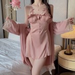 Guiruo Sexy Backless Temptation Large Size with Chest Pads Gathered Strap Sleeping Dress Outer Robe Women's Home Furnishing Set 2227