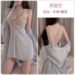 Guiruo Spring/Summer Comfortable Pajamas Open Back Sweet Embroidery Lace Suspended Pajama Dresses Women's Cardigan Home Suit Set 1854