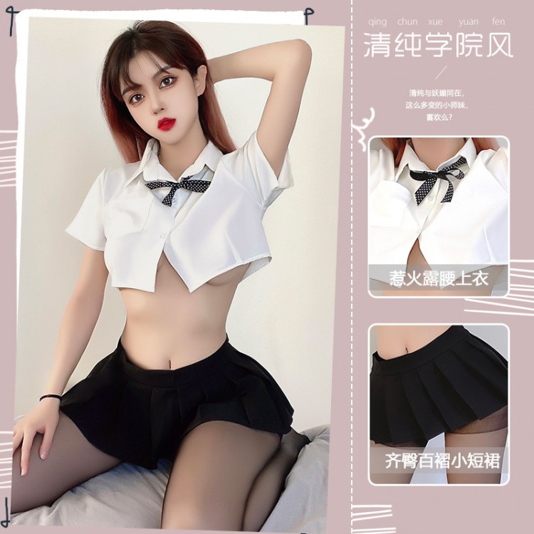 Guiruo Spring/Summer Fun Lingerie Sexy and Cute Student Wear Waist Exposed Temptation Hip Length Mini Skirt Uniform Set 389