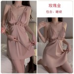 Ruo Ruo Satin Sweet Lace Deep V Open Back Drawstring Chest Support Gathering Sleeping Dress Outer Robe Women's Home Set 3210