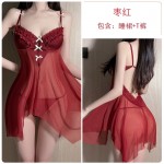 Guiruo Fun Lingerie Solid Color Mesh Perspective Seduction Pajama Chest Cushion Steel Ring Gathering Sling Pajama Dress Set 1333