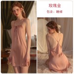 Guiruo Sexy Sleepwear Temptation Europe and America Open Back Suspended Dress Silk Smooth Satin Comfortable and Breathable Home Suit Set 2263