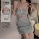 Guiruo Sexy Backless Lace up Temptation with Chest Pads Gathered and Collated Yarn Lace Sleeping Skirt Outer Robe Home Suit Set 3140