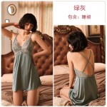 Guiruo Sexy Deep V Satin Patch Lace Perspective Open Back Suspended Sleeping Dress Lace up Outer Robe Home Suit Set 780